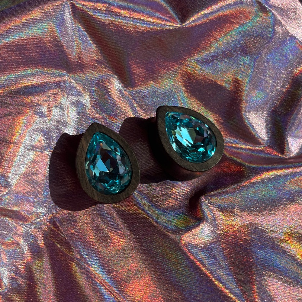 Esoteric Organics Double Flared Teardrop Wood Plugs w/ Aqua Swarovski Inlay